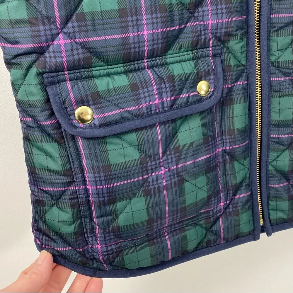 J. Crew Tartan Plaid Quilted Insulated Puffer Vest Jacket Navy Blue Green Pink S